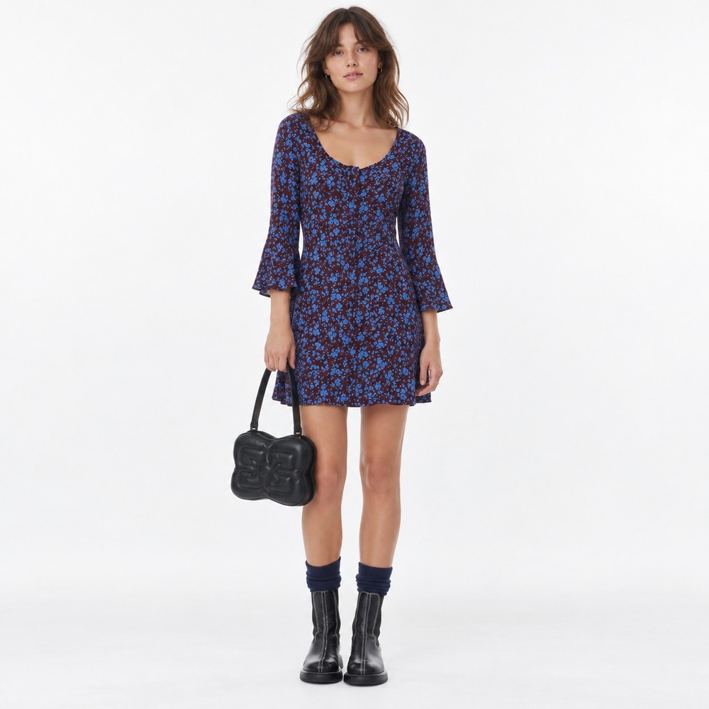 GANNI Women's New Mini Dress 40 US 8 Floral Bell Sleeve Romantic F9081